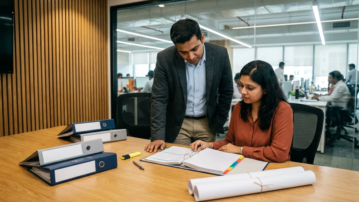 Indian male bid manager in a charcoal blazer standing beside a seated female estimation lead in a terracotta-rust blouse at an oak conference table reviewing an open ring binder with colour-coded section divider tabs, flanked by four stacked navy and grey lever-arch tender binders, a yellow highlighter, a metal pen, and two string-tied rolled tender drawing sets