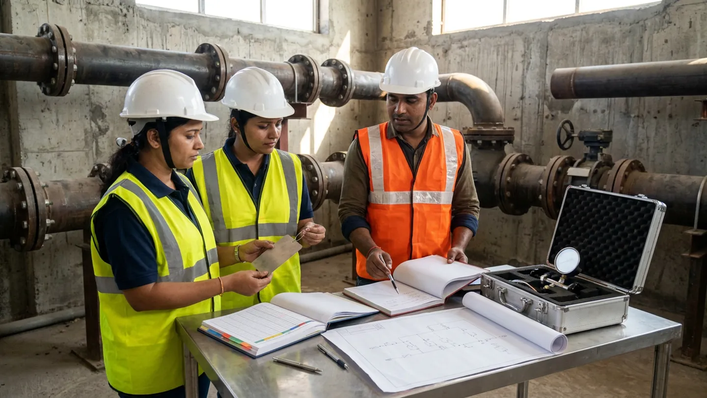 Two Indian female QA/QC engineers in white safety helmets and yellow-green high-visibility vests inspecting a blank brushed stainless-steel equipment tag plate together while a male mechanical field engineer in a white safety helmet and orange high-visibility vest points with a pen to an open hardcover test dossier book at a stainless-steel table holding a second open colour-tabbed dossier book, an unrolled piping schematic drawing, two pens, and an open foam-lined aluminium case containing a pressure gauge manifold inside a concrete industrial pump house with flanged carbon-steel headers