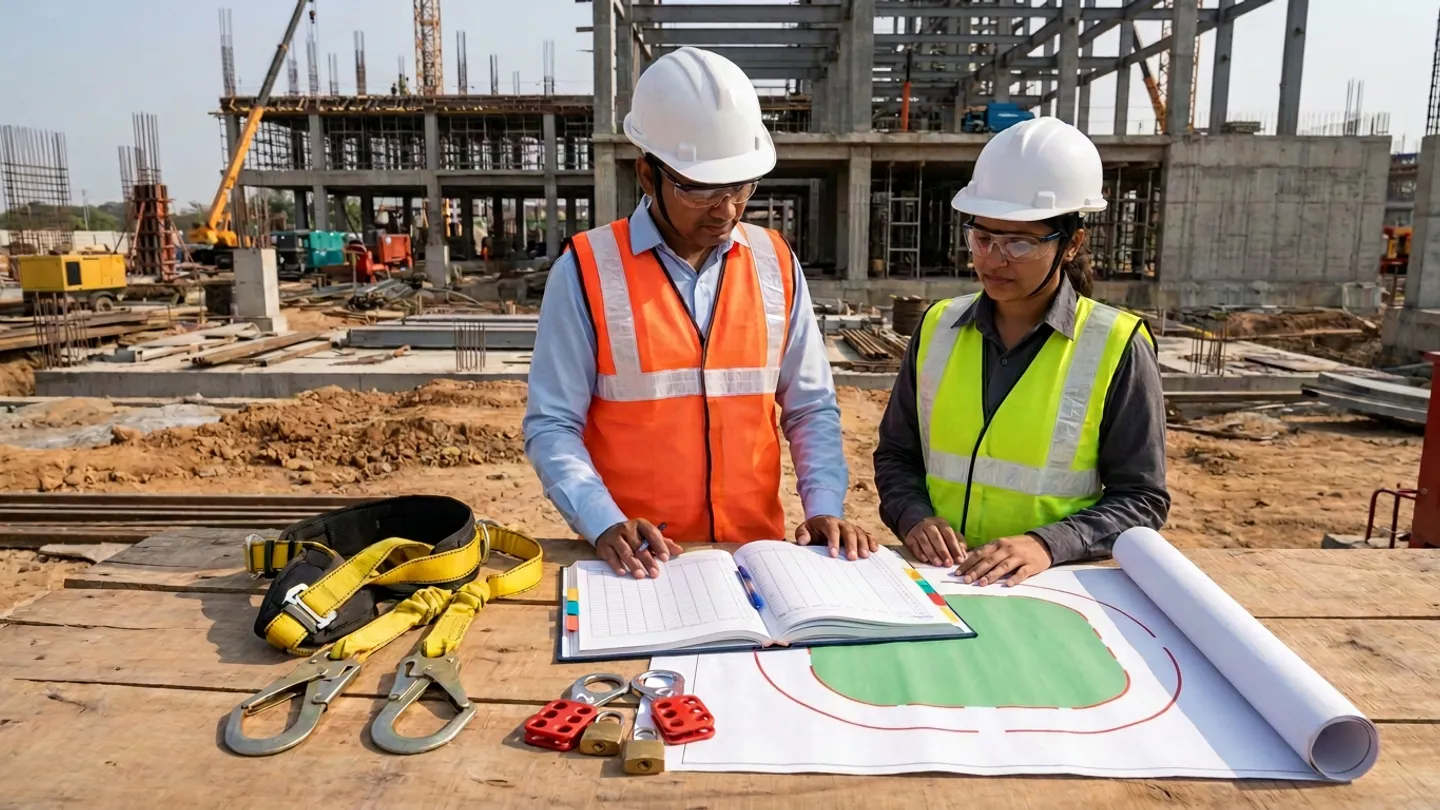 Indian male civil work-front supervisor in a white safety helmet, clear safety glasses, light-blue shirt, and orange high-visibility vest and female EHS officer in a white safety helmet, clear safety glasses, charcoal shirt, and yellow-green high-visibility vest standing at a timber briefing table reviewing an open colour-tabbed hardcover toolbox-talk register alongside a yellow-and-black full-body fall-arrest harness with twin webbing lanyards and forged steel scaffold hooks, two red lockout-tagout steel hasps with brass padlocks, and an unrolled schematic crane-swing exclusion diagram showing a green safe zone and red exclusion arcs overlooking a reinforced-concrete and structural steel construction zone