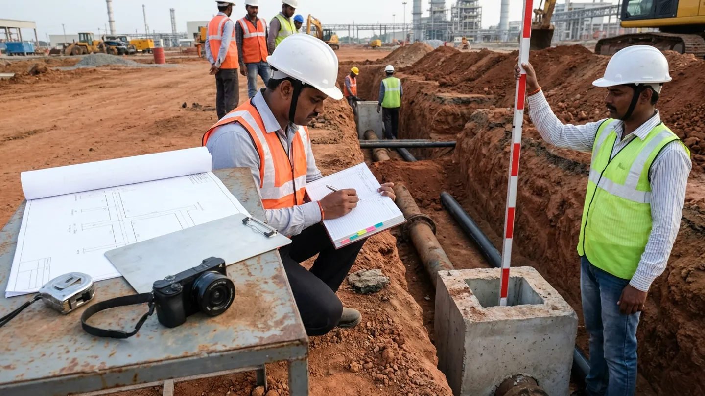 Indian quantity surveyor in a white safety helmet and orange high-visibility vest writing with a pen in an open colour-tabbed hardcover variation register beside a steel site table holding an unrolled underground utility routing drawing, a brushed-aluminium clipboard, a black digital camera, and a closed steel tape measure while a civil site engineer in a white safety helmet and yellow-green high-visibility vest holds a red-and-white striped levelling staff vertically inside an exposed concrete utility chamber alongside cast-iron and black HDPE pipes in a stepped earth trench