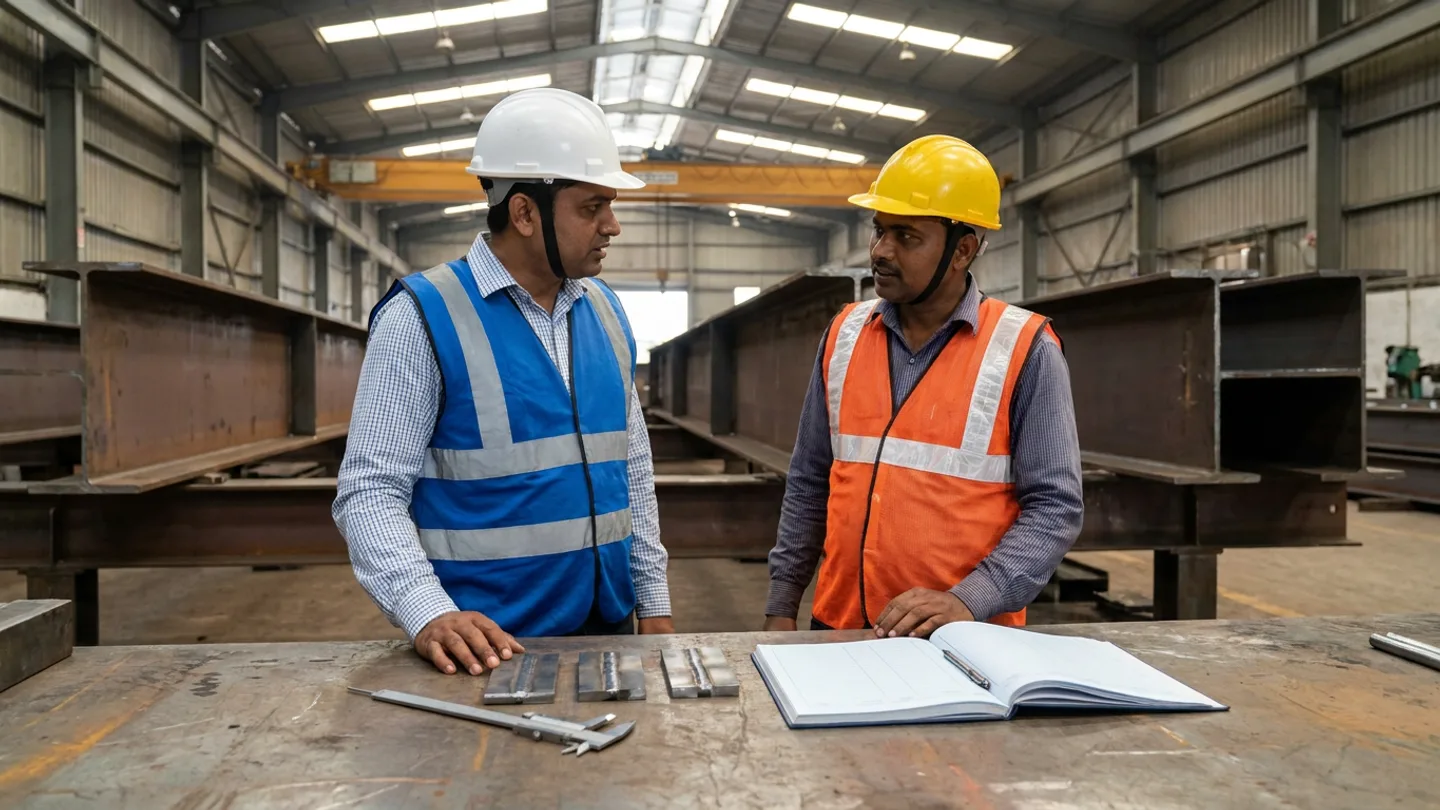 Indian EPC procurement and quality audit lead in a white hard hat and royal-blue reflective vest and vendor fabrication superintendent in a yellow hard hat and orange reflective vest standing behind a heavy steel inspection workbench examining three machined steel butt-weld test coupons with a vernier caliper beside an open audit register book and pen inside a structural steel fabrication bay
