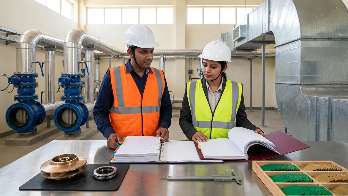 Indian male defects-liability engineer in a white safety helmet, navy shirt, and orange high-visibility vest and female facilities handover manager in a white safety helmet, charcoal blazer, and yellow-green high-visibility vest standing at a stainless-steel inspection table inside a newly commissioned utility plant room with insulated stainless-steel piping, blue flanged butterfly valves, and galvanised HVAC ductwork, reviewing an open colour-tabbed ring-binder warranty register and an open burgundy handover dossier beside a machined bronze pump impeller and stainless-steel mechanical seal ring on a black rubber mat, a steel vernier caliper, and a partitioned wooden tray of green and brass valve tags