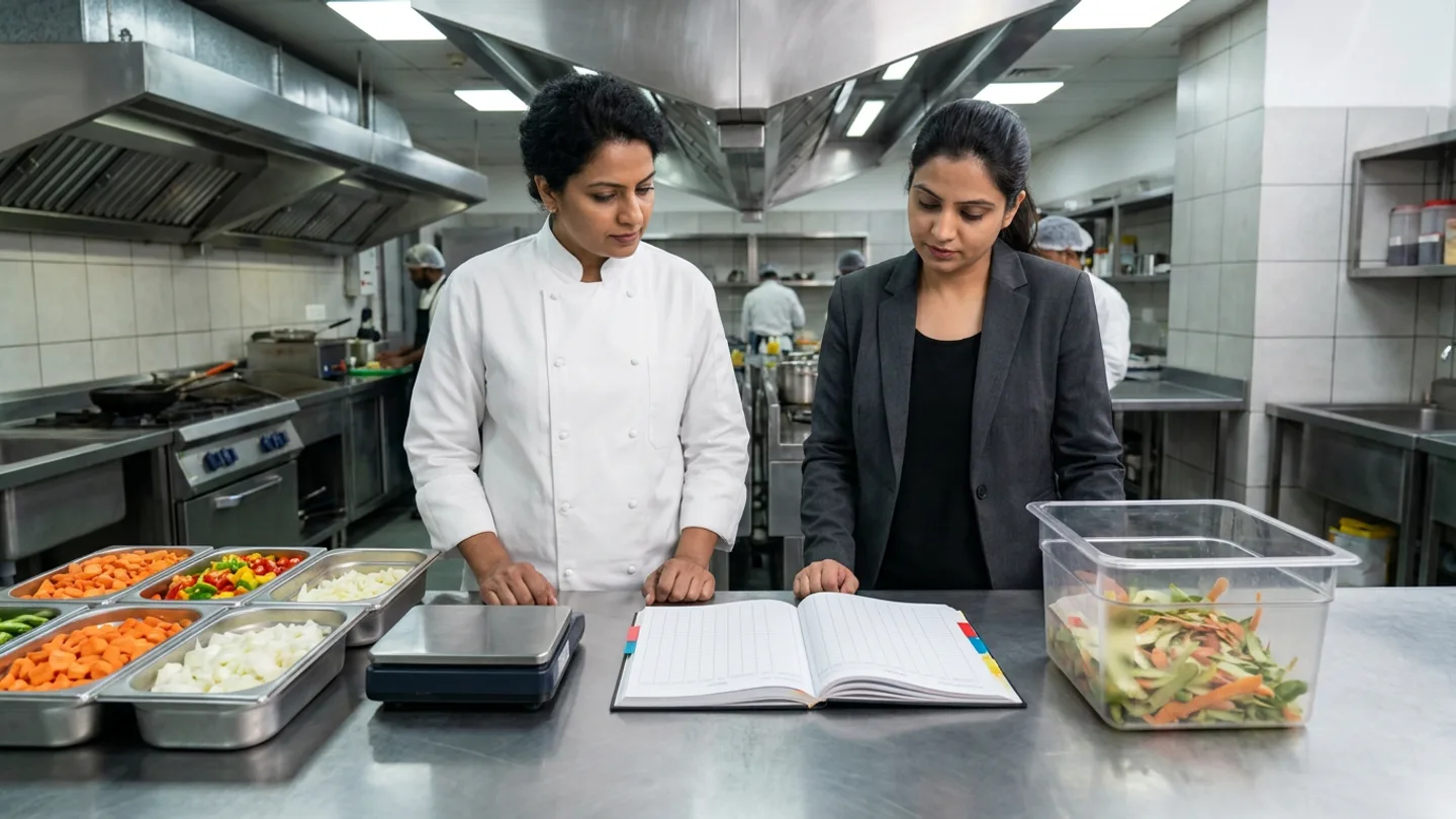 Executive chef in a white chef jacket and hospitality cost controller in a charcoal blazer at a stainless prep counter comparing Gastronorm pans of portioned vegetables and a portion scale against a clear polycarbonate tub of vegetable trim beside an open yield ledger