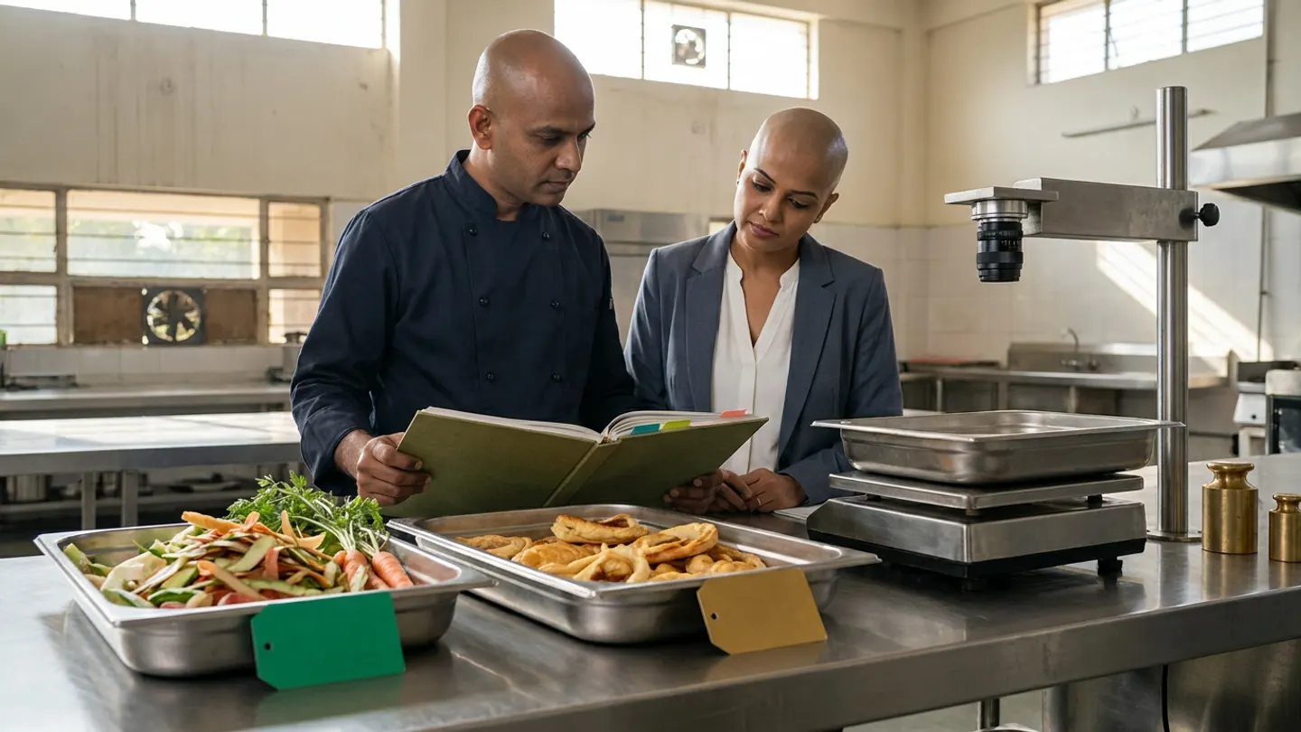 Indian commissary operations manager in a dark-navy chef jacket and sustainability engineer in a slate-grey blazer reviewing an open olive-green hardbound waste-taxonomy register with coloured index tabs at a stainless bench beside a stainless tray of vegetable peelings and carrots with a green tag, a stainless tray of golden pastry trimmings with an amber tag, and an empty tare pan on a platform scale beneath an optical camera lens and two brass weights.