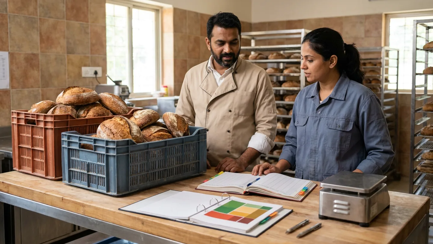 Indian male bakery production planner in a beige baker jacket and female route-settlement coordinator in a slate-blue overshirt at a butcher-block dispatch counter before stainless cooling racks of artisan loaves, reconciling two perforated bread crates of sourdough boules against an open hardbound dough-batch register, a ring binder of route-return matrices, and a mechanical portion scale.