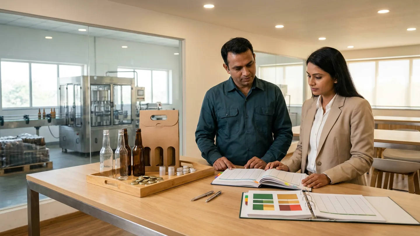 Indian male beverage production-scheduling lead in a dark-teal shirt and female packaging-materials planner in a sand-coloured blazer at a light-oak scheduling table before an interior window overlooking a stainless bottling line, checking unlabelled clear and amber glass bottles, crown caps, aluminium closures, and a blank kraft carrier tray against an open hardbound readiness register and a line-release constraint binder.