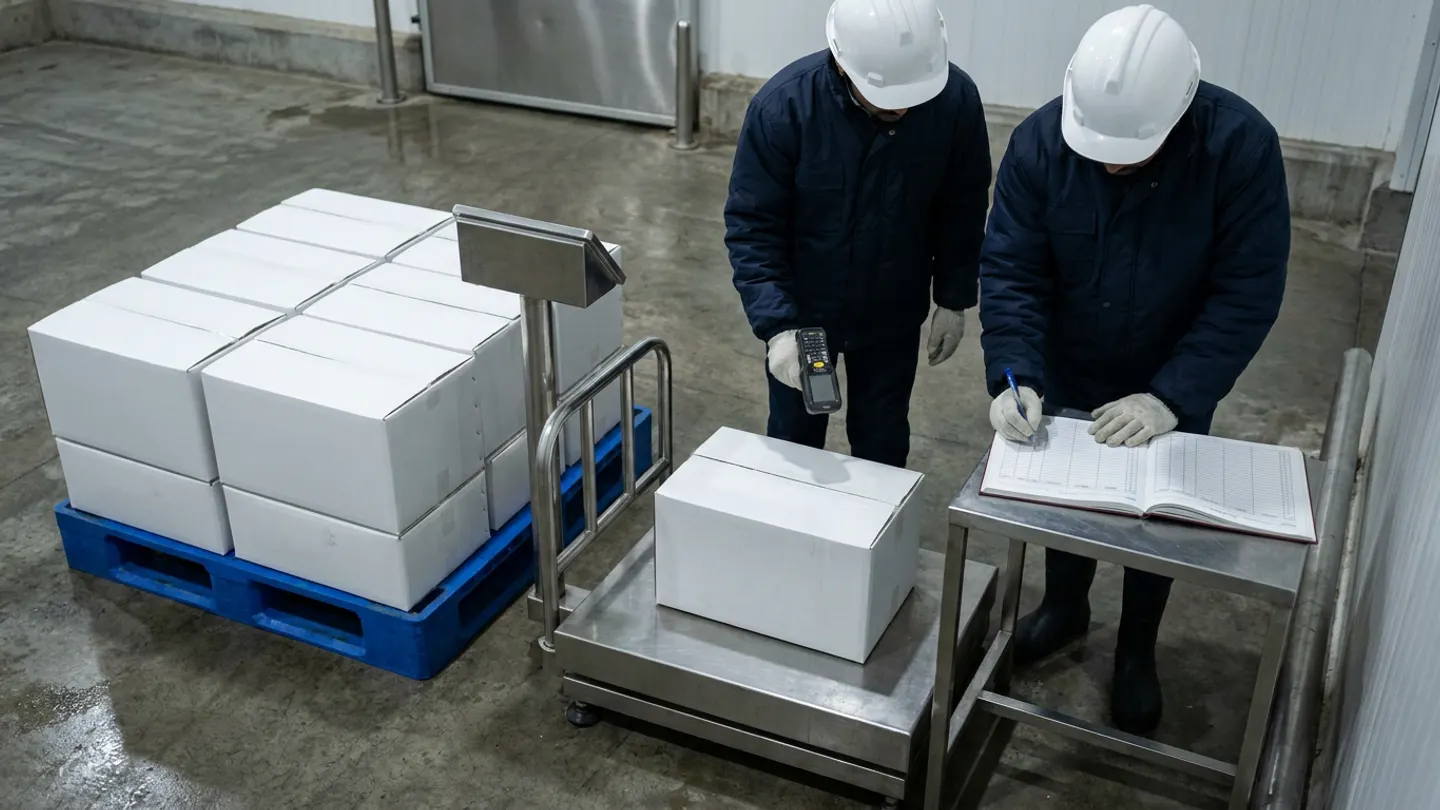 Two warehouse receivers in navy insulated jackets and white hardhats in a chilled Indian protein facility scanning a white waxed carton on a stainless-steel platform scale beside a blue pallet of twelve cartons and recording weights in an open catch-weight ledger
