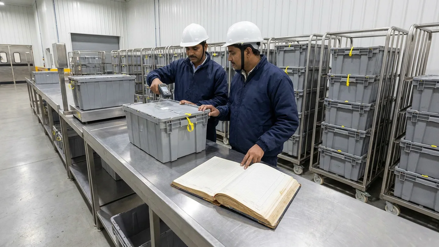 Two central commissary logistics coordinators in navy jackets and white hardhats scanning a grey insulated transport tote secured with a yellow tamper seal beside a stainless bench scale, rolling tote racks, and an open stock-transfer ledger