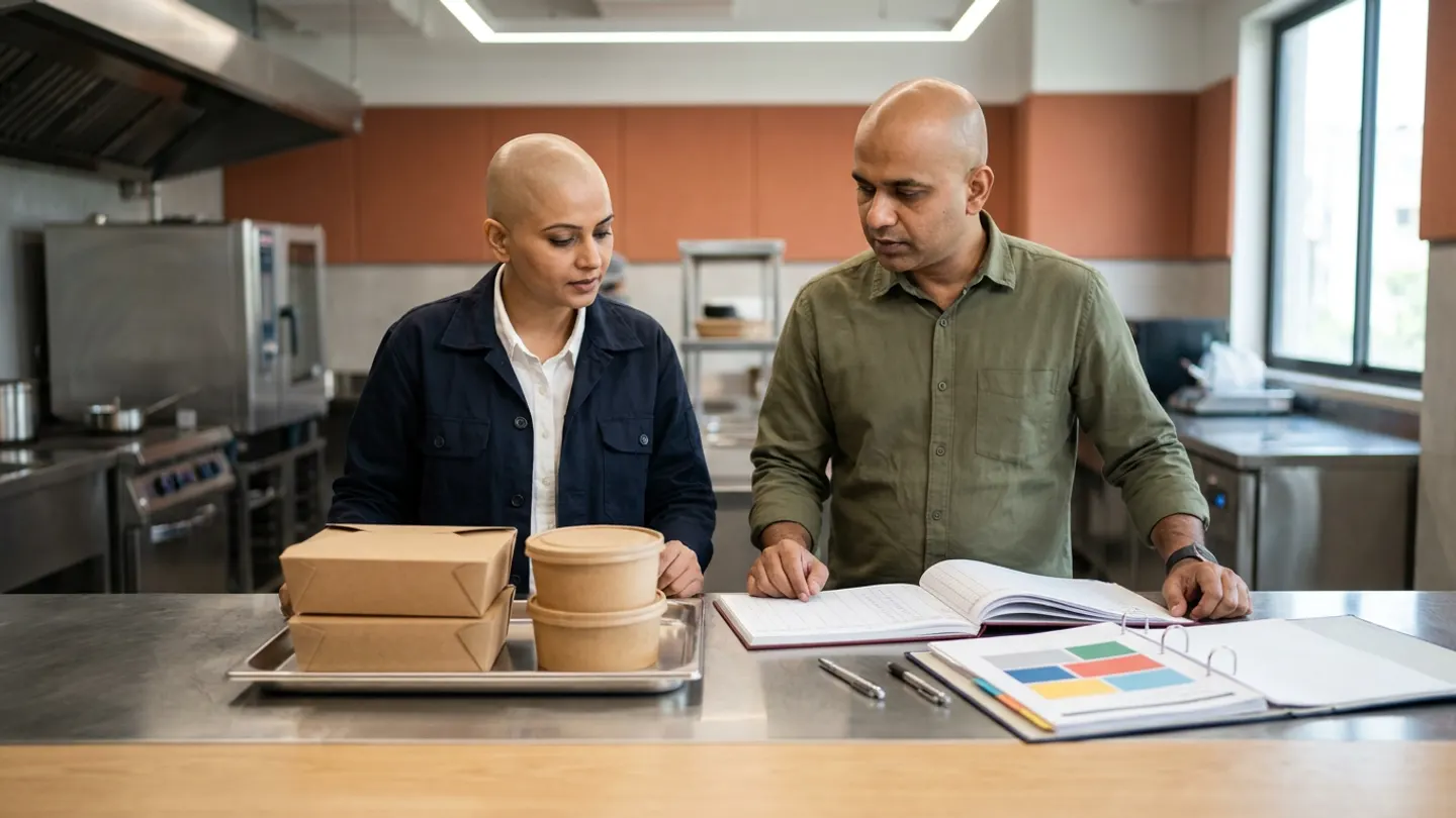 Two kitchen operations managers in a commercial cloud kitchen and central prep facility in India reviewing an open hardbound order-routing ledger and colour-coded prep schedule beside sealed kraft meal boxes on a stainless-steel pass counter