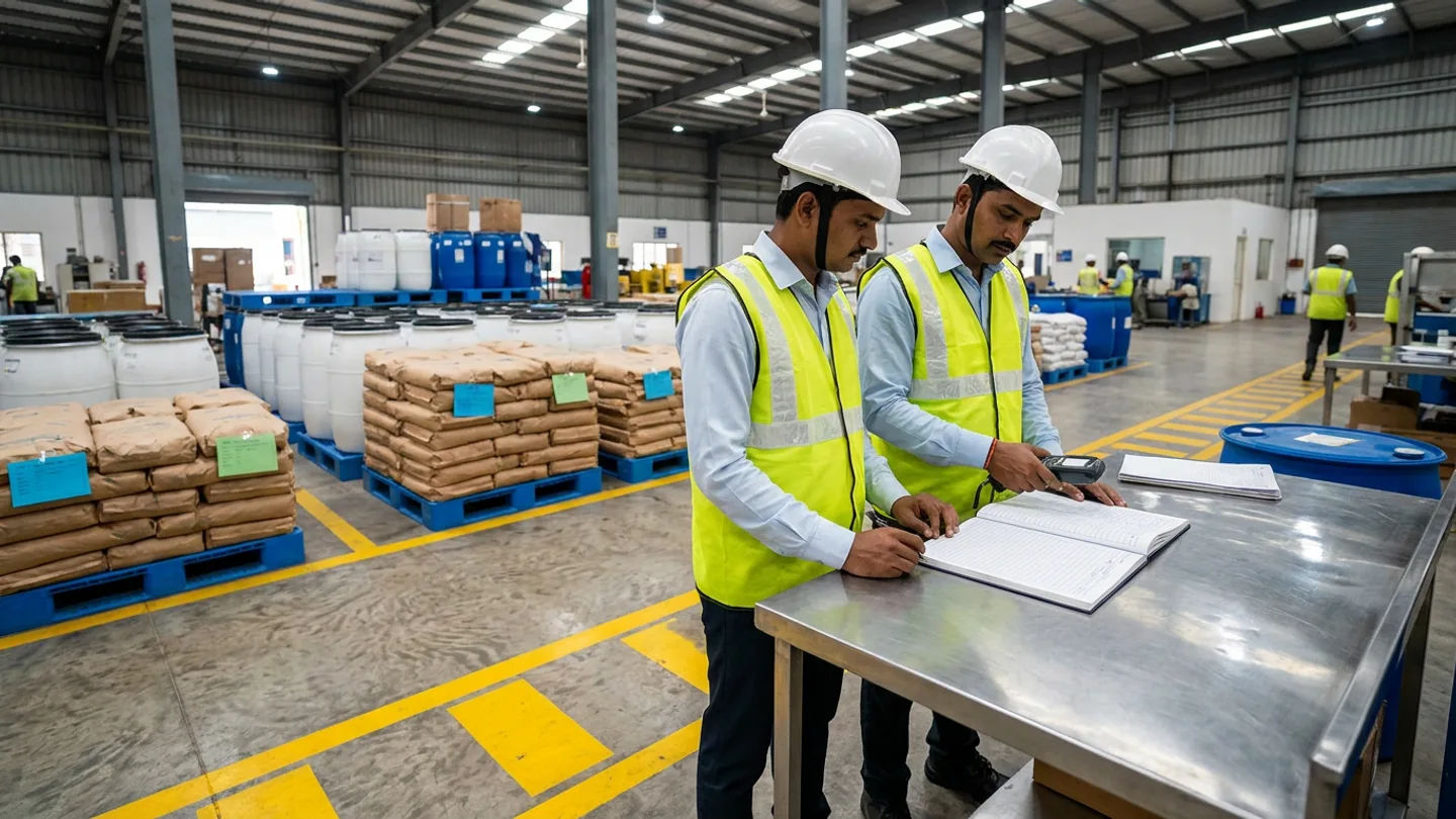 Two co-packer warehouse staff in light-blue shirts, yellow high-visibility vests, and white hardhats reconciling segregated customer-owned ingredient bays holding brown sacks on blue pallets and white and blue food-grade drums against an open custody ledger