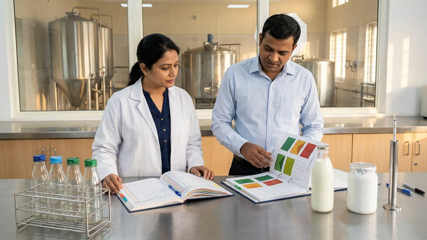 Indian female dairy quality-assurance manager in a white lab coat and male batch-traceability supervisor in a light-blue shirt at a stainless laboratory bench before an interior window overlooking stainless pasteurisation silos, reviewing unlabelled milk retention bottles in a wire rack, a sealed yogurt jar, a stainless lactometer cylinder, an open hardbound batch-genealogy register, and a tank-blend traceability binder.