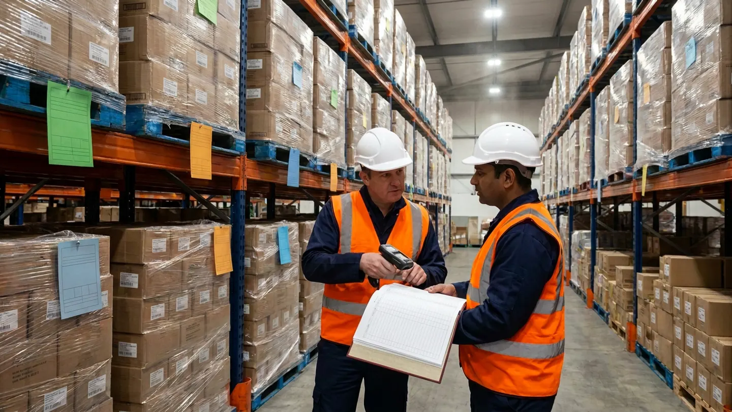Two warehouse inventory planners in high-visibility vests and white hardhats in a packaged food distribution aisle in India comparing colour-coded pallet shelf-life cards with a handheld barcode scanner and an open dispatch-allocation register