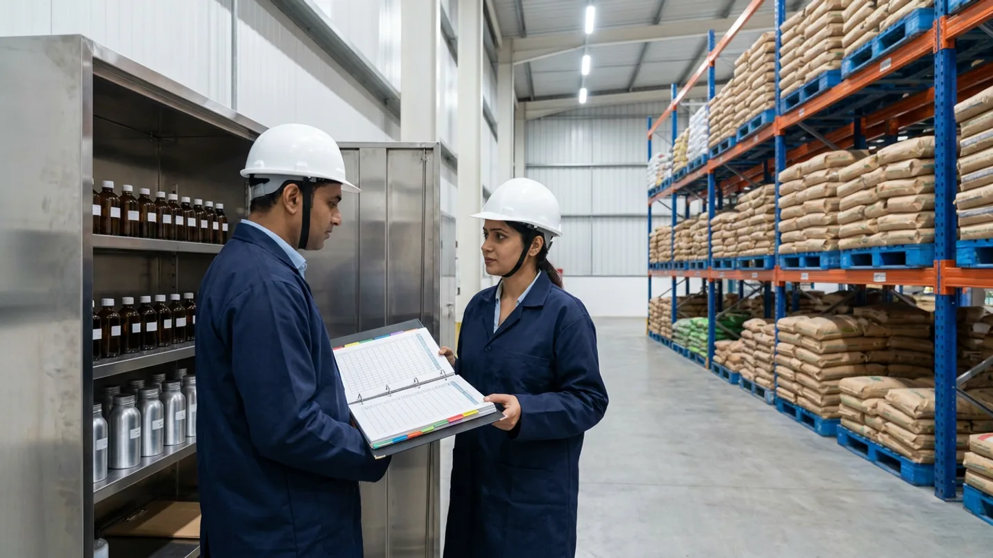 Production inventory planner and quality specialist in navy coats and white hardhats checking an open classification binder at a stainless-steel critical micro-ingredient cabinet stocked with amber glass bottles and aluminum canisters beside bulk bagged ingredient racks