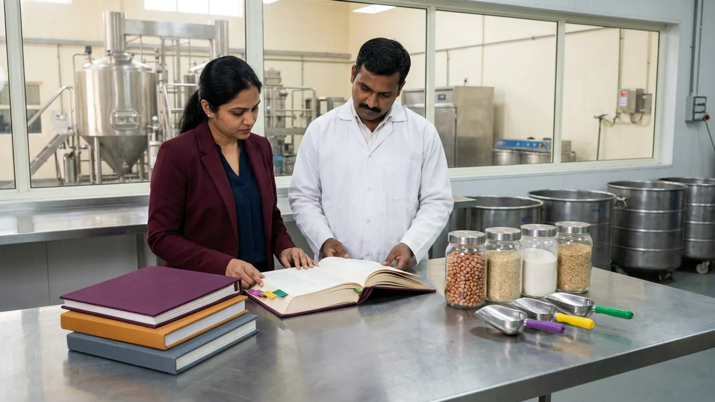 In a sunlit allergen governance and specification room overlooking a stainless-steel dry-ingredient blending gallery, an Indian regulatory compliance lead in a burgundy blazer over a navy blouse and a formulation technologist in a white coat over a cream shirt stand at a brushed stainless-steel table comparing an open hardbound allergen cross-reference register with coloured index tabs against three stacked cloth-bound specification binders in purple, amber, and slate grey on the left and four sealed clear glass reference jars containing roasted peanuts, sesame seeds, milk powder, and wheat grain beside three colour-coded stainless-steel allergen scoops with purple, yellow, and green handles on the right.