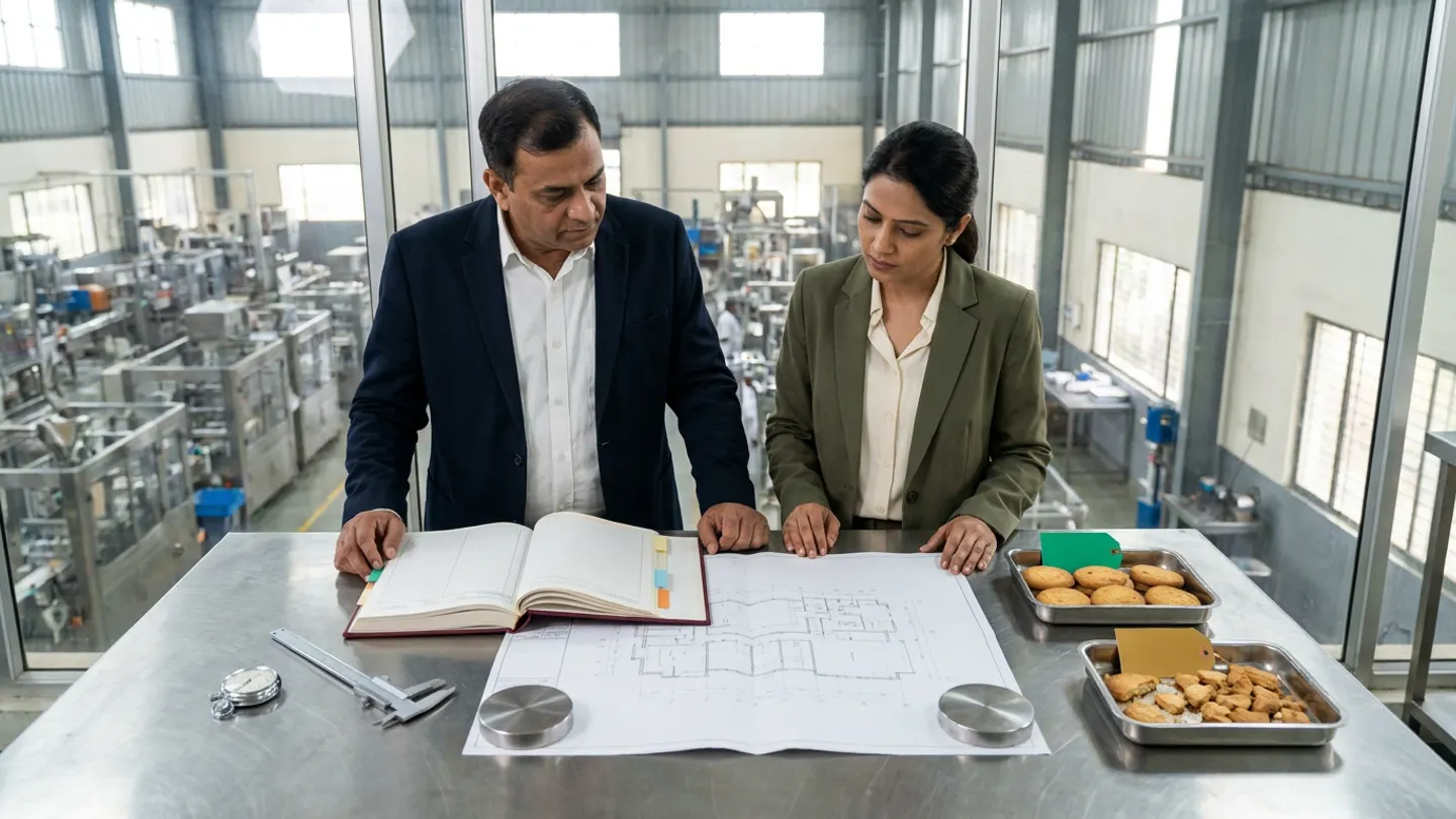 Indian operations director in a dark-navy blazer and continuous-improvement lead in an olive-green blazer reviewing an open burgundy hardbound pilot baseline register with coloured index tabs beside an unlabelled production-line schematic under steel paperweights, a chrome stopwatch, a stainless vernier caliper, and two stainless sample trays of whole golden biscuits with a green tag and broken biscuit fragments with an amber tag in a glass-walled engineering room overlooking a food packaging hall.