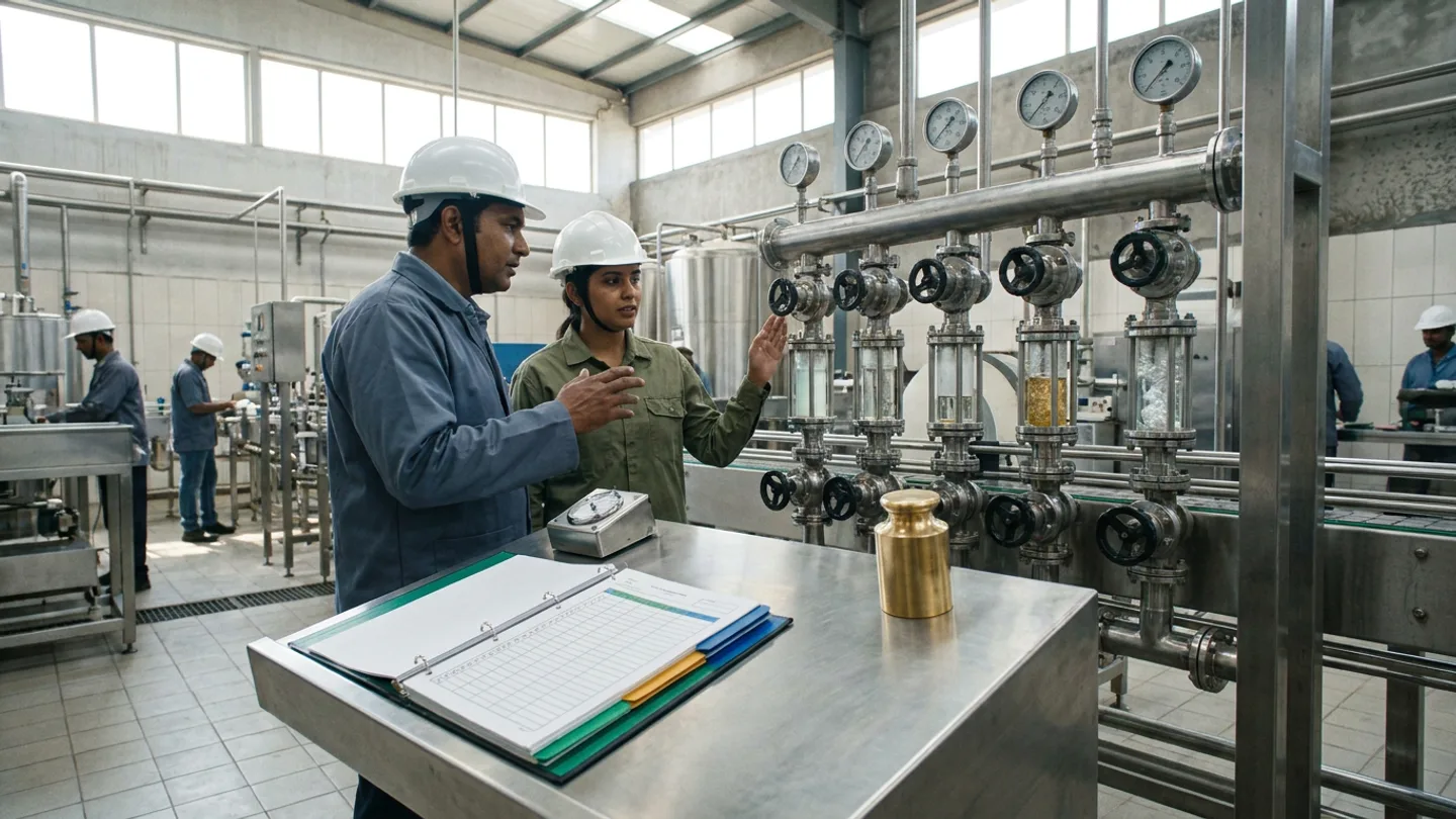 Indian batch operator in a slate-blue work jacket and white hardhat and a production line lead in an olive-green utility shirt and white hardhat discussing the next process step beside a five-line stainless-steel batching manifold equipped with manual handwheel valves, borosilicate sight glasses, and five overhead analog pressure gauges, with an angled brushed stainless-steel lectern in the foreground holding an open three-ring batch execution traveler binder with emerald-green, amber-gold, and cobalt-blue stage dividers, a stainless mechanical dial timer, and a cylindrical brass check weight