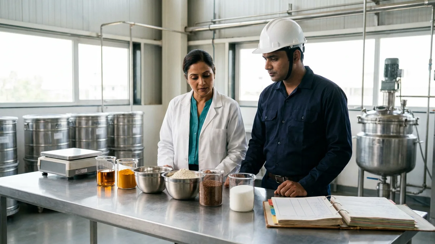 Indian food process technologist in a white lab coat over a teal blouse and a batching supervisor in a dark navy work shirt and white hardhat reviewing an open three-ring recipe bill-of-materials binder at a brushed stainless-steel formulation bench beside five pre-measured glass beakers and stainless bowls containing golden oil, saffron-gold spice powder, cream flour, dark cocoa granules, and white crystalline sugar next to a precision bench scale, with stainless ingredient drums and a jacketed mixing vessel in the background
