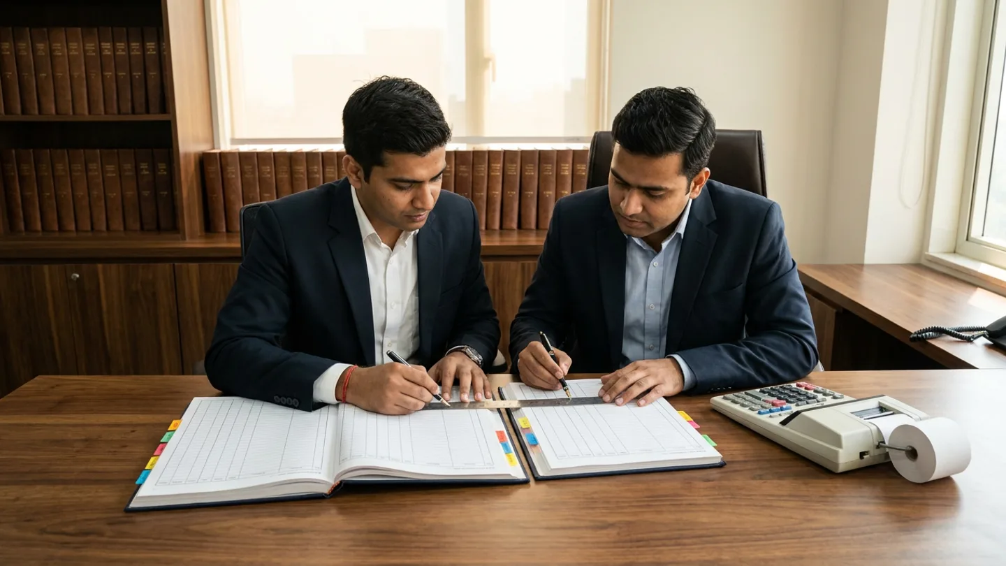 Two corporate treasury specialists in tailored suits at a walnut desk cross-matching two open hardbound bank-remittance and invoice-allocation ledgers with a stainless ruler and fountain pens beside a printing calculator