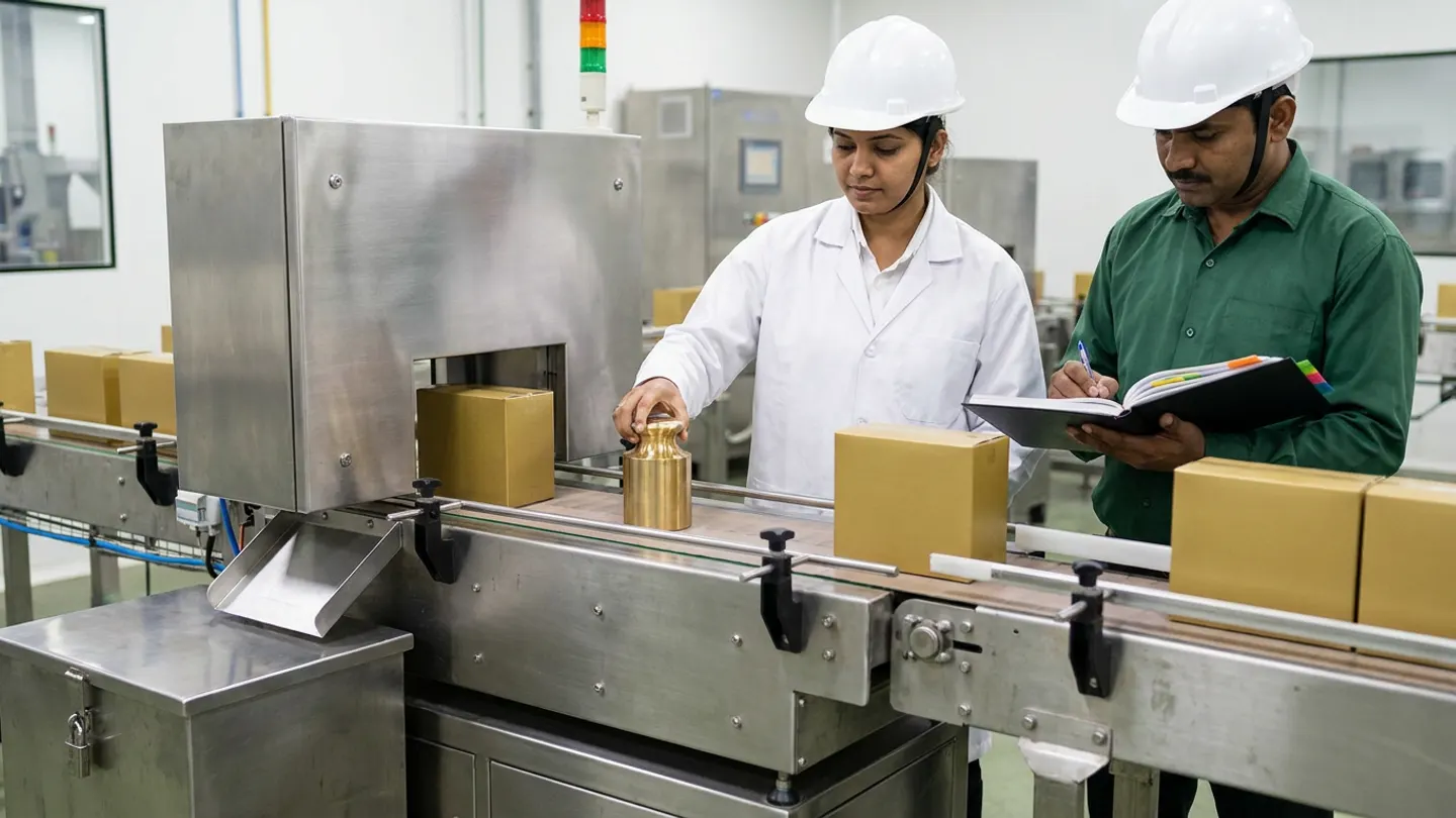 An Indian metrology and quality specialist in a white lab coat and white hardhat placing a cylindrical polished brass reference calibration weight onto the load-cell belt of a stainless-steel inline dynamic checkweigher carrying sealed matte-gold food cartons past a reject chute and lockable stainless bin, while a production supervisor in a forest-green shirt and white hardhat records batch tolerance readings in an open hardbound logbook.