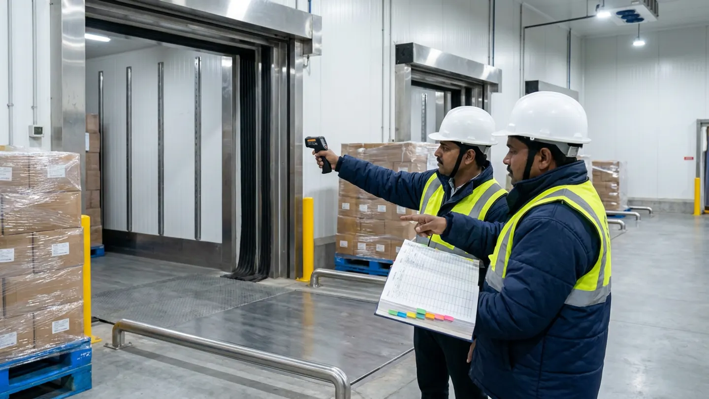 Two cold-chain logistics coordinators in navy thermal jackets, high-visibility vests, and white hardhats on a refrigerated loading dock in India checking reefer bay temperatures with a handheld infrared probe and an open cold-chain dispatch register