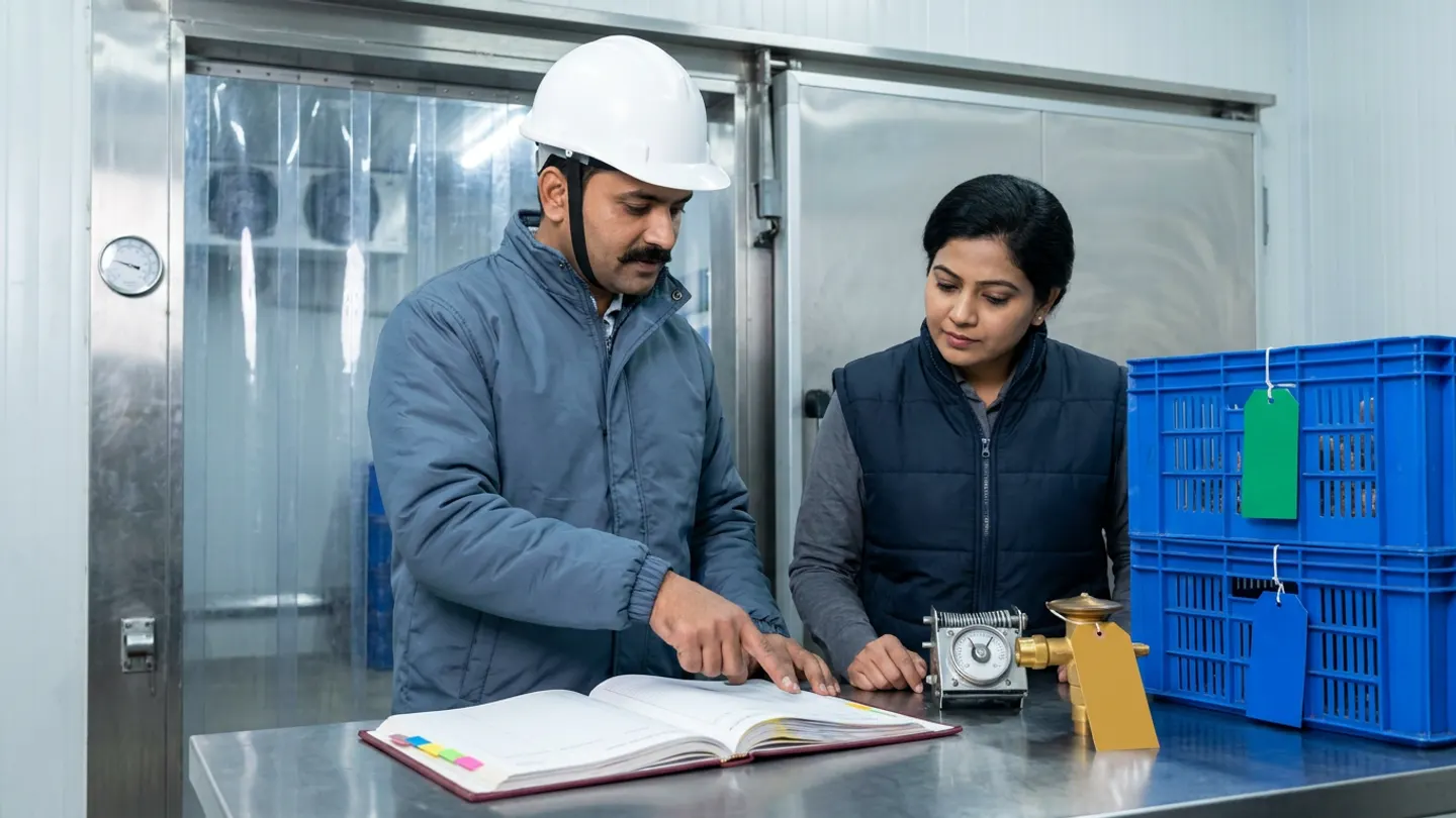 Indian refrigeration reliability engineer in a slate-blue insulated jacket and white safety helmet and cold-store supervisor in a dark-navy padded vest over a grey shirt reviewing an open burgundy hardbound cold-room operating-context register with coloured index tabs at a stainless desk beside a mechanical dial counter, a brass expansion valve with an amber tag, and two stacked blue produce crates with green and blue tags outside a walk-in cold room with a strip-curtain doorway.