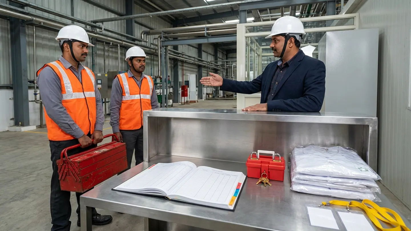 An Indian plant compliance officer in a dark navy blazer and white hardhat briefing two maintenance contractors in grey shirts, orange high-visibility reflective vests, and white hardhats carrying a red metal cantilever toolbox across a brushed stainless-steel induction counter holding an open onboarding register with colored tabs, a red lockout-tagout padlock box with brass keys, packaged white hygiene coats, and blank visitor badges on yellow lanyards.