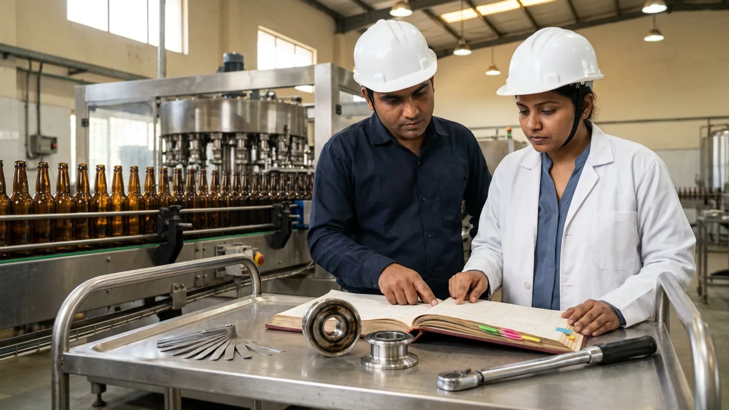 In a stainless-steel beverage filling and sealing hall where a conveyor line of amber glass bottles passes a rotary capping station in the background, an Indian reliability engineer in a dark-navy work shirt and white safety helmet and a food safety CAPA lead in a white coat over a slate-blue blouse and white safety helmet stand at a mobile brushed stainless-steel engineering cart comparing an open burgundy hardbound corrective-action register with coloured index tabs against two dismantled stainless-steel sanitary valve seal assemblies alongside a fanned stainless-steel feeler gauge set and a mechanical torque wrench.