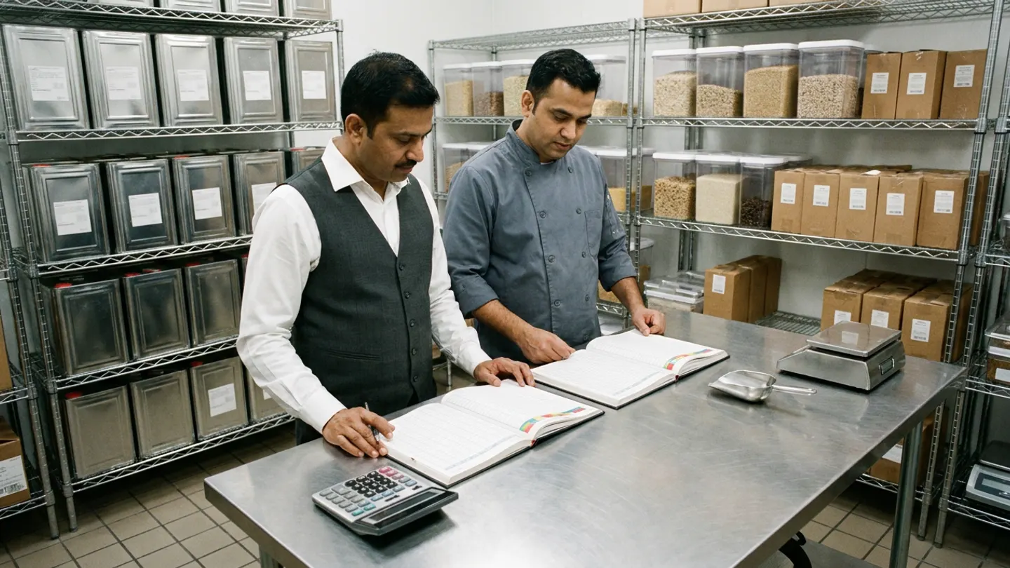 Two Indian culinary finance and kitchen operations professionals standing at a brushed stainless-steel table in a commercial dry-goods storeroom—a cost controller in a white shirt and dark grey waistcoat with a desktop calculator and pen, and a chef in a double-breasted slate-grey chef jacket—comparing two open hardbound inventory and usage ledgers alongside a stainless-steel scoop and portion scale, surrounded by chrome wire shelving holding square tin oil cans, clear grain bins, and brown kraft cartons.
