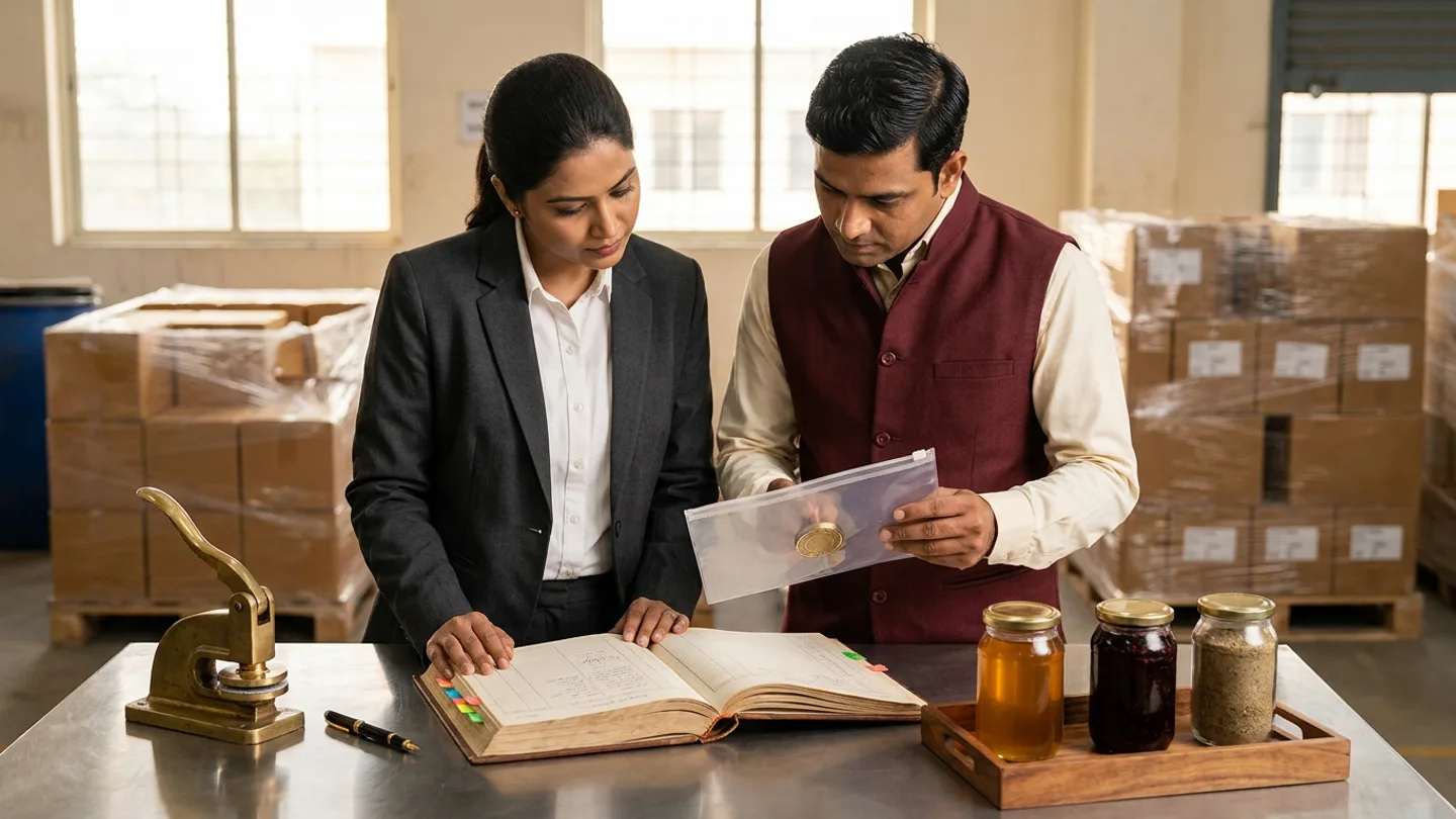 Indian quality release manager in a charcoal blazer over a white shirt and a dispatch documentation officer in a maroon waistcoat over a cream shirt standing at a brushed stainless-steel desk in front of shrink-wrapped export pallets of brown cartons, cross-checking an open hardbound batch ledger with coloured index tabs against a clear dispatch pouch containing a round brass release seal alongside a brass embossing press, fountain pen, and wooden tray of three sealed glass finished-product reference jars