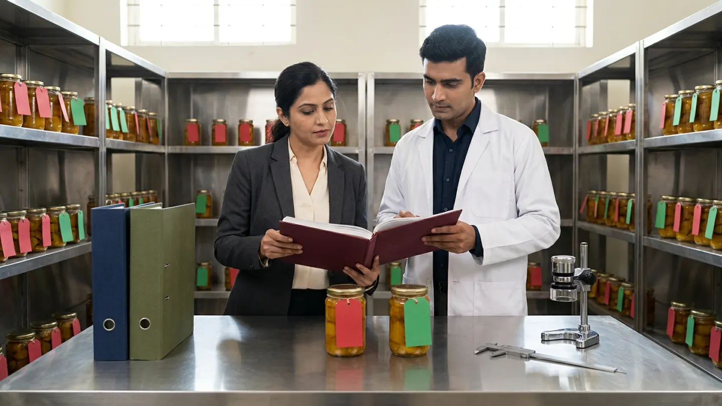 Indian customer quality lead in a charcoal blazer and batch-traceability specialist in a white lab coat over a dark-navy shirt reviewing an open burgundy cloth-bound complaint-to-batch register at a stainless table beside two glass jars of golden mango preserve with red and green tags, navy and olive-green binders, a stainless vernier caliper, and an optical magnifier in a retention-sample library room.