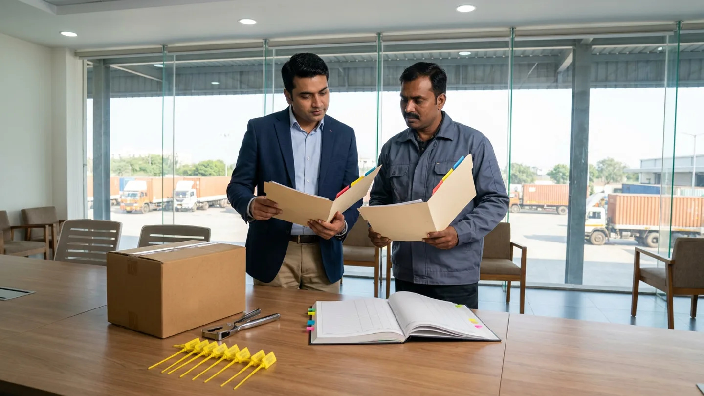 Commercial finance manager in a navy blazer and distribution claims supervisor in a slate work jacket reviewing tabbed claim folders beside an open deduction register, sample transit carton, seal cutter, and yellow tamper seals overlooking a loading yard
