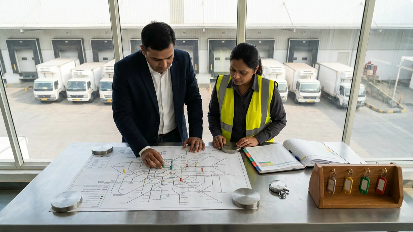 In a glass-walled transport dispatch control room overlooking a cold-chain loading yard with white refrigerated delivery trucks parked at dock bays, an Indian transport planning manager in a dark-navy blazer over a white shirt and a route dispatch coordinator in a charcoal shirt and yellow high-visibility vest stand at a brushed stainless-steel routing table comparing a wide unlabelled metropolitan road-network schematic map held flat under brushed steel disc weights and marked with green, yellow, and red marker pins against an open hardbound customer receiving-window register with coloured index tabs, beside a chrome mechanical stopwatch and a wooden rack holding four dispatch keys with grey, yellow, green, and red fobs.