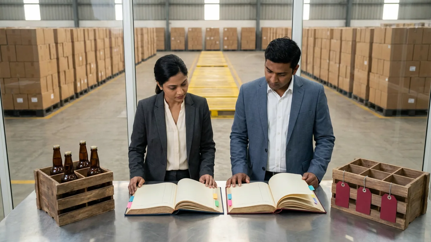 In a glass-walled demand-planning and inventory allocation room overlooking a finished-goods warehouse floor where pallet lanes of brown shipping cartons flank a conspicuously empty yellow pallet lane in the centre, an Indian demand planning lead in a charcoal blazer over a cream blouse and a commercial allocation manager in a slate-blue blazer over a white shirt stand at a brushed stainless-steel table comparing two open cloth-bound registers side by side—a navy shipped-sales ledger and a burgundy unfulfilled-order stockout ledger, both fitted with coloured index tabs—flanked by a partitioned wooden crate holding four sealed amber glass beverage bottles on the left and a second partitioned wooden crate with empty compartments carrying three blank crimson-red tags on the right.