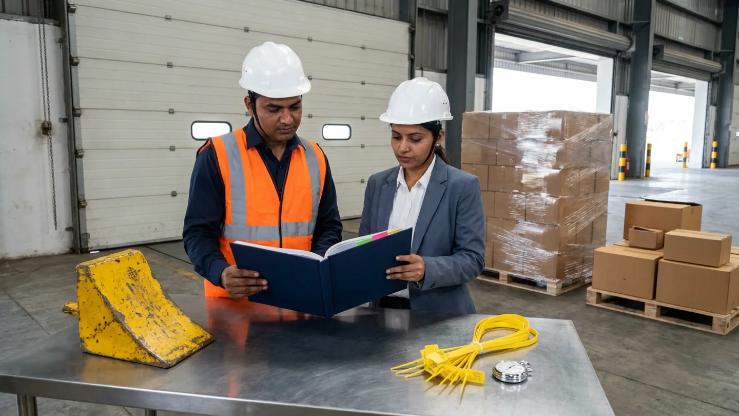 Inside a finished-goods dispatch dock staging lane where a closed sectional loading-bay door stands behind a completed stretch-wrapped pallet of brown cartons and an adjacent half-built pallet awaiting final cases, an Indian dock master in a dark-navy shirt, orange high-visibility vest, and white safety helmet and a staging supervisor in a slate-grey blazer over a white shirt and white safety helmet stand at a brushed stainless-steel dock dispatch desk holding and reviewing an open navy hardbound slot-readiness register with coloured index tabs, flanked by a heavy yellow painted steel wheel chock on the left and a bundle of yellow plastic trailer seal loops beside a chrome mechanical stopwatch on the right.