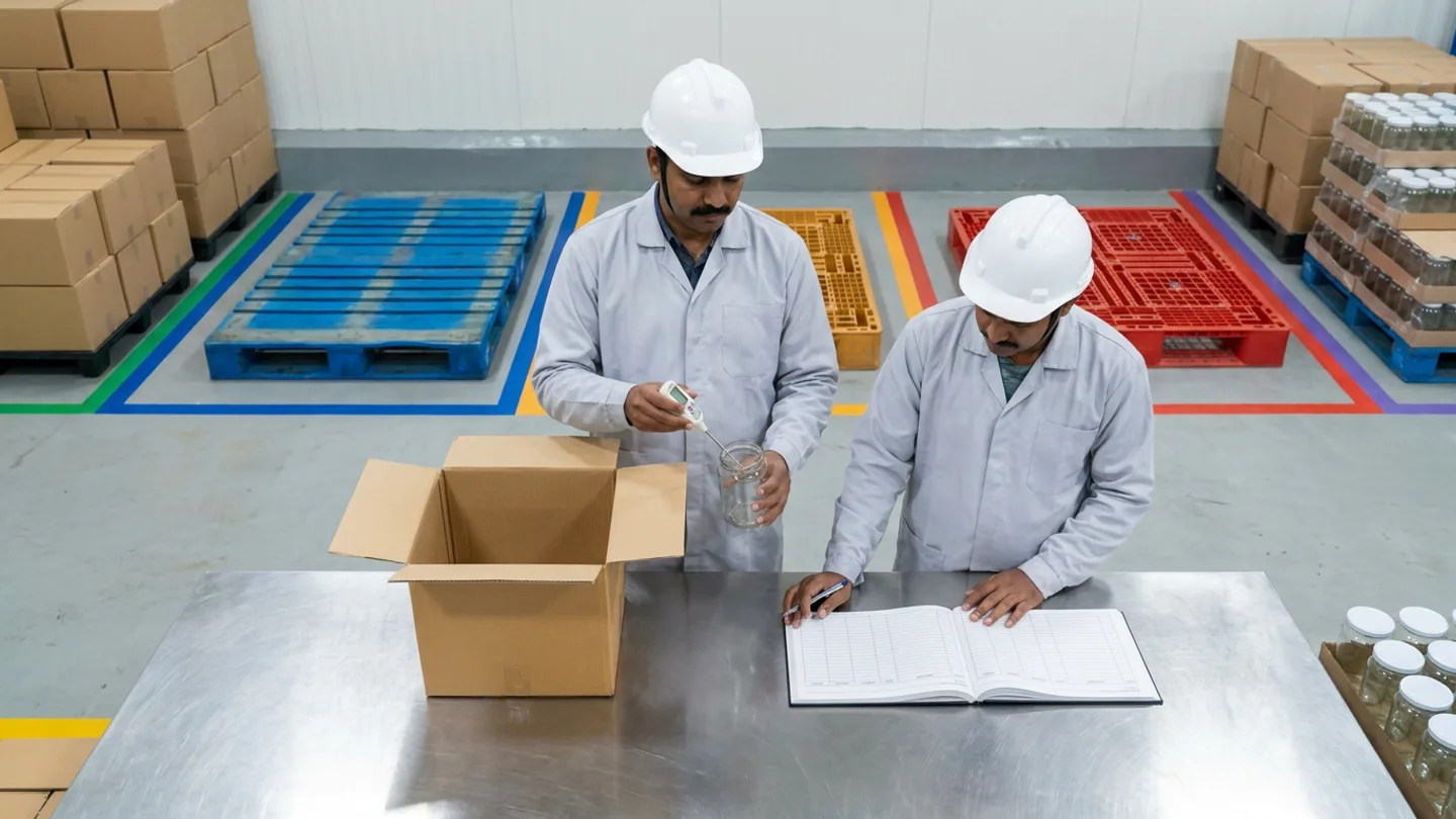 Two food distribution quality specialists in grey industrial coats and white hardhats inspecting returned cartons and glass jars with a digital probe thermometer and open disposition register in front of blue, amber, and red floor-taped pallet bays