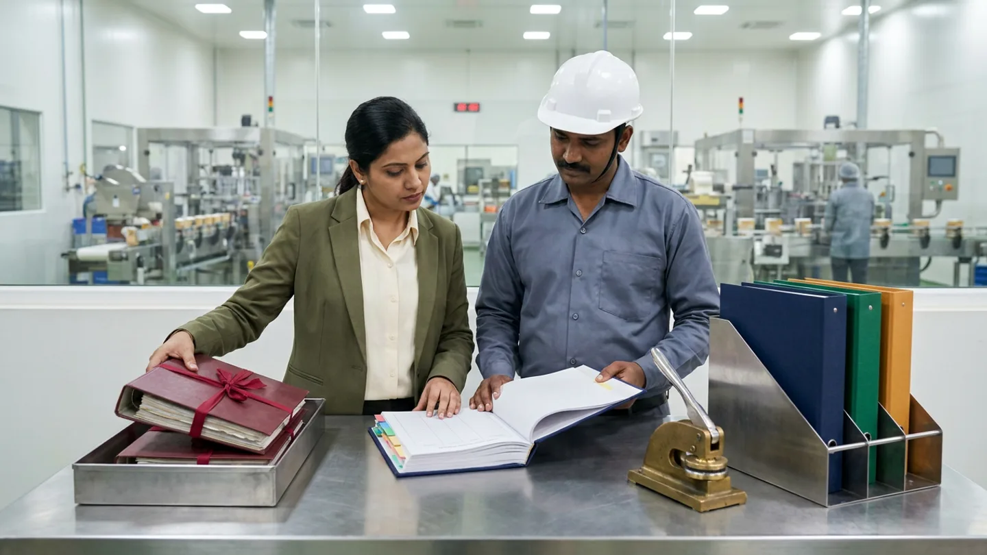 At a brushed stainless-steel line-side SOP control desk beside an interior glass window overlooking a food packaging and carton-sealing hall, an Indian document control coordinator in an olive-green blazer over a cream shirt and a packaging line supervisor in a slate-grey work shirt and white safety helmet review an open navy hardbound master procedure register with coloured index tabs, while placing two superseded burgundy binders tied shut with crimson archival ribbon into a brushed steel retrieval tray on the left beside a heavy brass embossing seal press and an angled stainless-steel desk rack holding three controlled binders in navy, emerald green, and amber on the right.