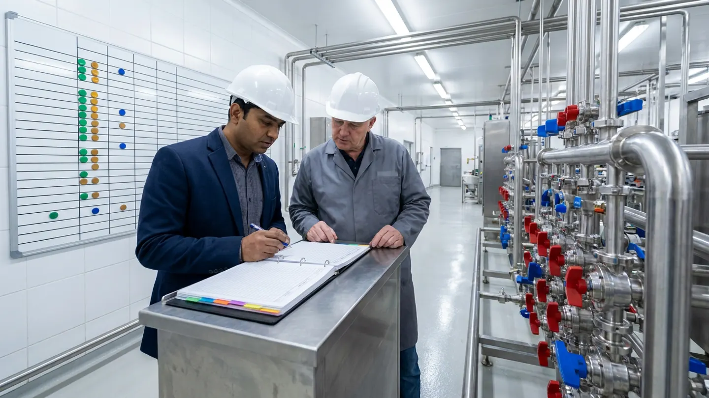 Two food plant supervisors in white hardhats—one in a dark navy blazer over a checked shirt and one in a grey work coat—reviewing an open ring binder with colored index tabs at a stainless-steel podium beside a sanitary stainless-steel valve manifold with red and blue manual butterfly handles and a wall-mounted magnetic skill matrix board displaying green, amber, and blue magnets.