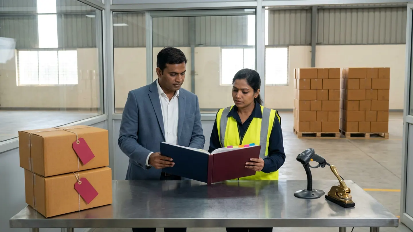 Indian enterprise integration lead in a slate-blue blazer and warehouse fulfilment supervisor in a dark-navy shirt and yellow high-visibility vest comparing open navy and burgundy cloth-bound order-release registers with coloured index tabs at a stainless table beside two stacked brown cartons tied with crimson hold tags, a corded barcode scanner, and a brass seal press in a glass-walled control room overlooking duplicate pallet stacks.