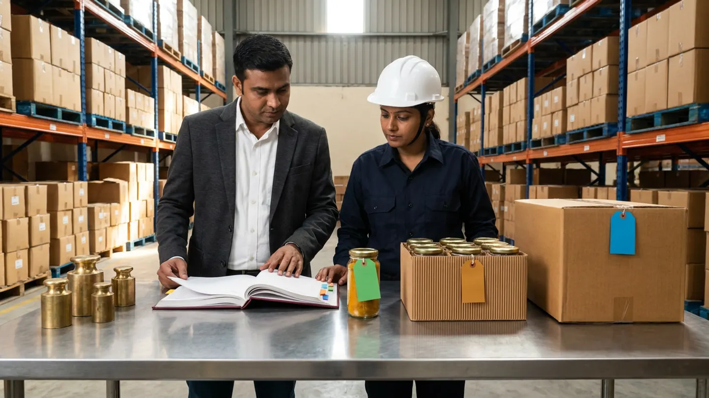 Indian ERP data migration lead in a charcoal blazer and inventory controller in a dark-navy work shirt and white safety helmet comparing an open burgundy hardbound cutover reconciliation register with coloured index tabs against four brass calibration weights, a sealed glass jar of golden spice with a green tag, a six-jar corrugated inner pack with an amber tag, and a brown master carton with a blue tag.