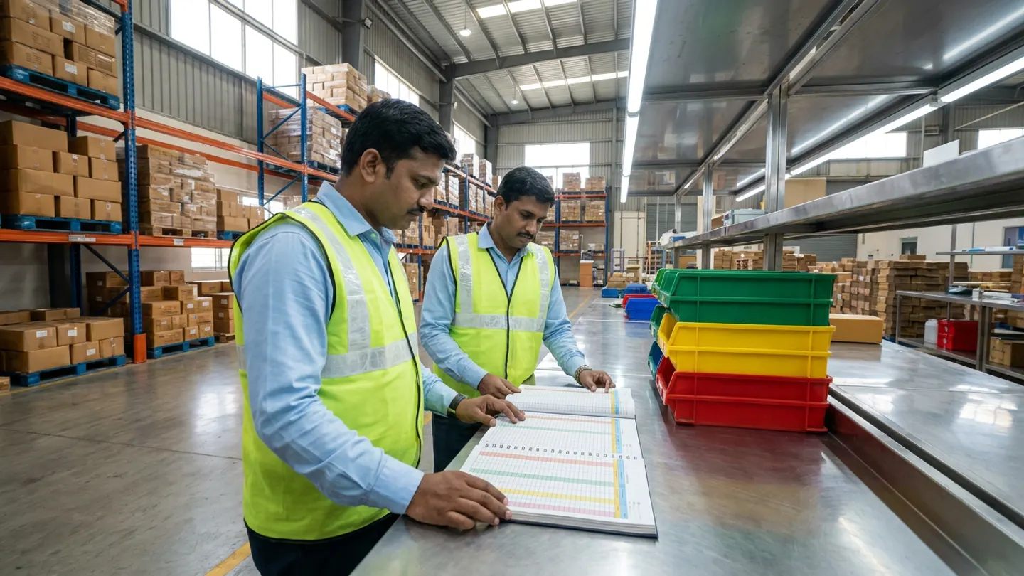 Two commercial inventory managers in high-visibility vests at a stainless-steel inspection counter in an Indian food distribution warehouse reviewing an open stock-ageing register with colour-coded shelf-life bars beside green, yellow, and red status bins