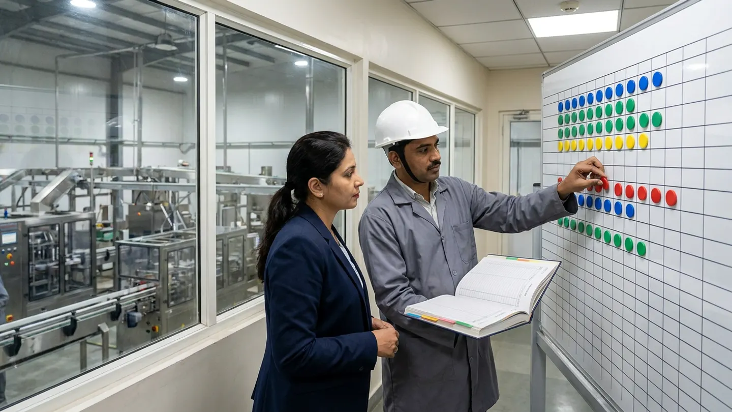 An Indian HR planner in a dark navy blazer and a production supervisor in a grey lab coat and white hardhat standing in a glass-walled corridor overlooking a stainless-steel food packaging line, reviewing an open shift logbook while placing blue, green, yellow, and red magnetic tokens onto a ruled whiteboard shift roster grid.