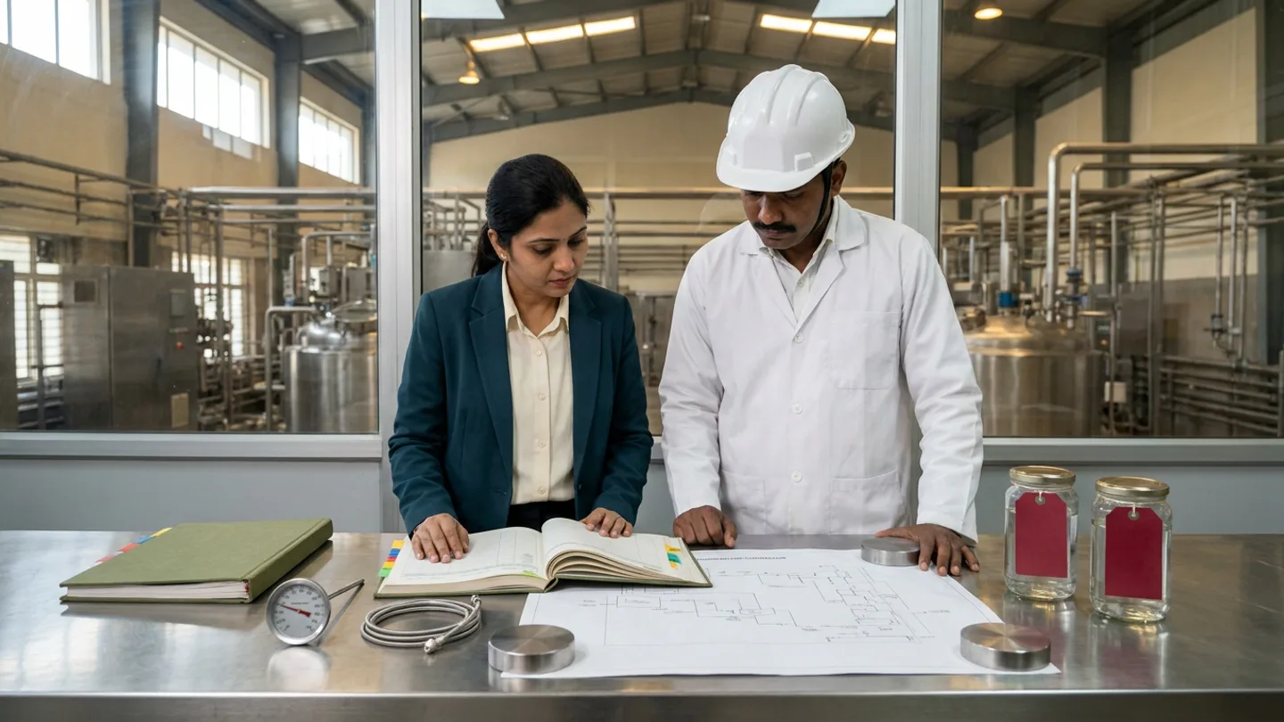 In a glass-walled thermal process control gallery overlooking a stainless-steel pasteurisation and retort kettle hall, an Indian HACCP team leader in a dark-teal blazer over a cream shirt and a thermal process engineer in a white coat and white safety helmet stand at a brushed stainless-steel counter comparing an open olive-green cloth-bound master HACCP plan register with coloured index tabs against a wide unlabelled architectural process flow schematic held flat under brushed steel disc weights, flanked by a closed olive-green folder, a stainless dial probe thermometer, and a coiled stainless temperature probe on the left and two sealed glass reference jars carrying blank crimson-red tags on the right.