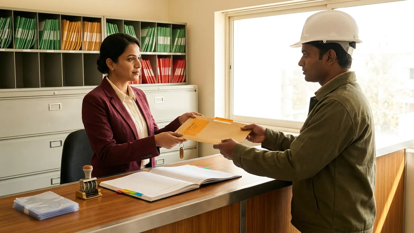 An Indian HR compliance lead in a burgundy blazer over a cream shirt handing an amber renewal folder and brass key-ring tag across a wood-and-steel counter to a production supervisor in an olive-green work jacket and white hardhat, with an open compliance register, brass rotary date stamp, and stacked plastic credential sleeves on the counter and steel filing cabinets topped with green, amber, and red folders behind her.