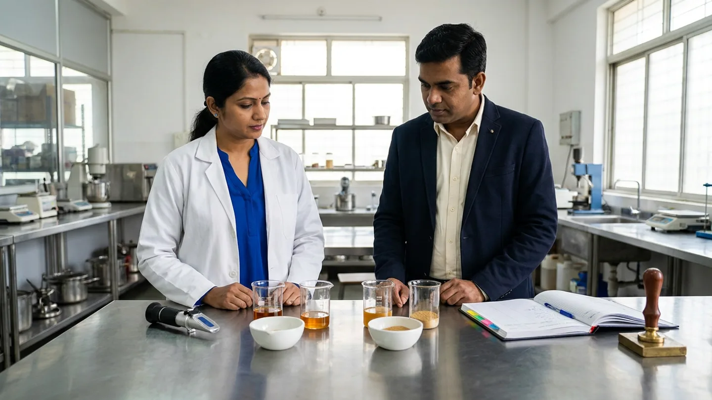 Indian formulation and regulatory lead in a white lab coat over a cobalt-blue blouse and a procurement category manager in a dark navy blazer over a cream shirt standing at a brushed stainless-steel comparison bench in a food R&D qualification laboratory, comparing four borosilicate glass beakers and two white porcelain bowls holding side-by-side amber syrup and fine powder samples next to a handheld optical refractometer, an open hardbound substitution approval register with coloured index tabs, and a wooden-handled brass seal stamp