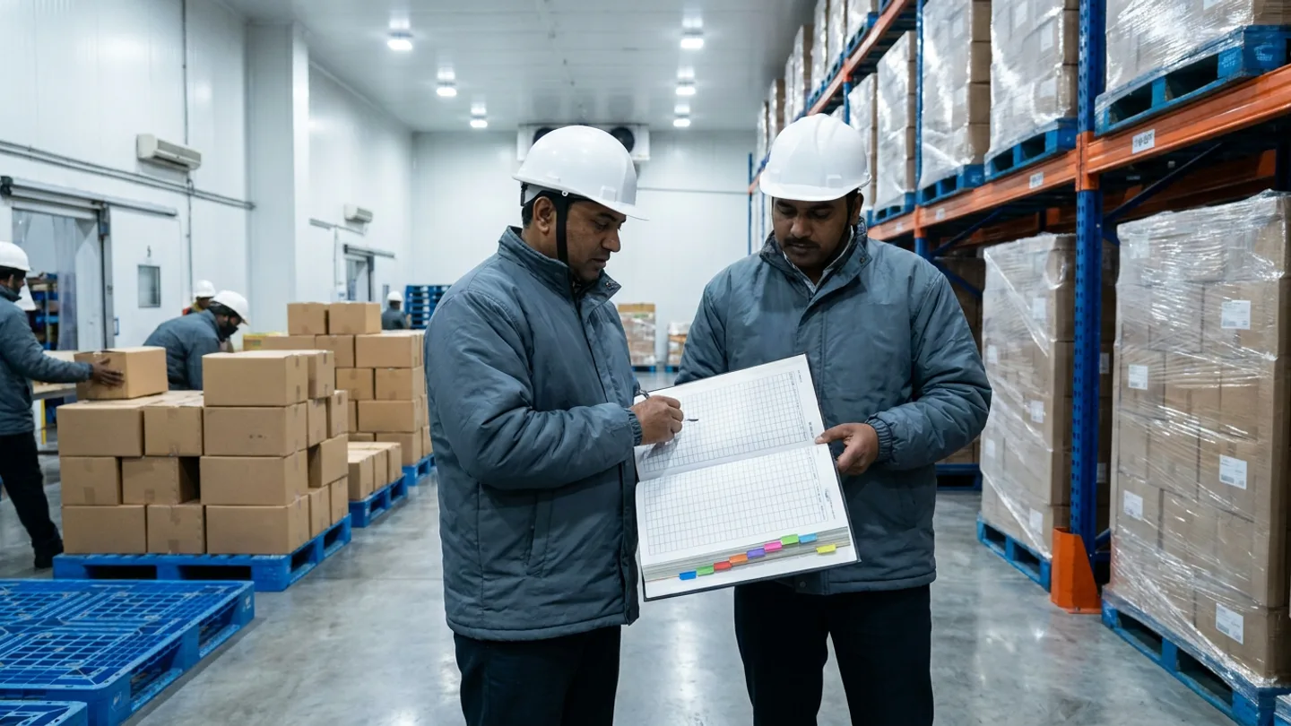 Two inventory planners in insulated slate-grey thermal jackets and white hardhats reviewing an open stock-aging ledger with blank ruled grids between a fast-moving carton pick bay and tall pallet racks of shrink-wrapped slow-moving stock in a chilled warehouse