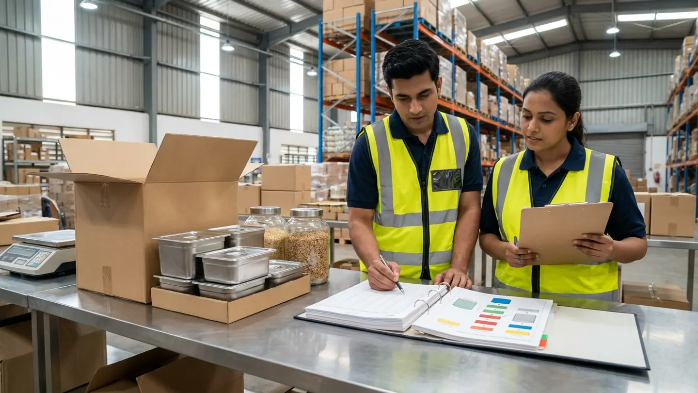 Two food inventory coordinators in high-visibility vests at a stainless-steel receiving counter in an Indian warehouse reviewing an open unit-of-measure binder with colour-coded pack hierarchy diagrams beside master cartons, stainless tins, bulk jars, and a bench scale