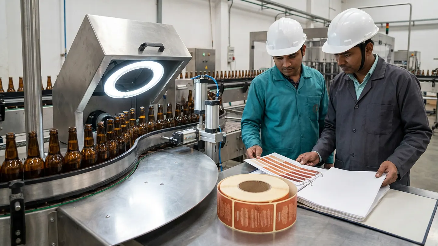 Beside a stainless-steel optical inspection hood with an illuminated white LED ring light and pneumatic reject cylinder over a curved conveyor of amber glass beverage bottles, an Indian packaging quality engineer in a teal work jacket and white hardhat and a changeover supervisor in a charcoal work coat and white hardhat compare a terracotta colour-swatch proof sheet and a large roll of terracotta bottle labels against an open ring binder.