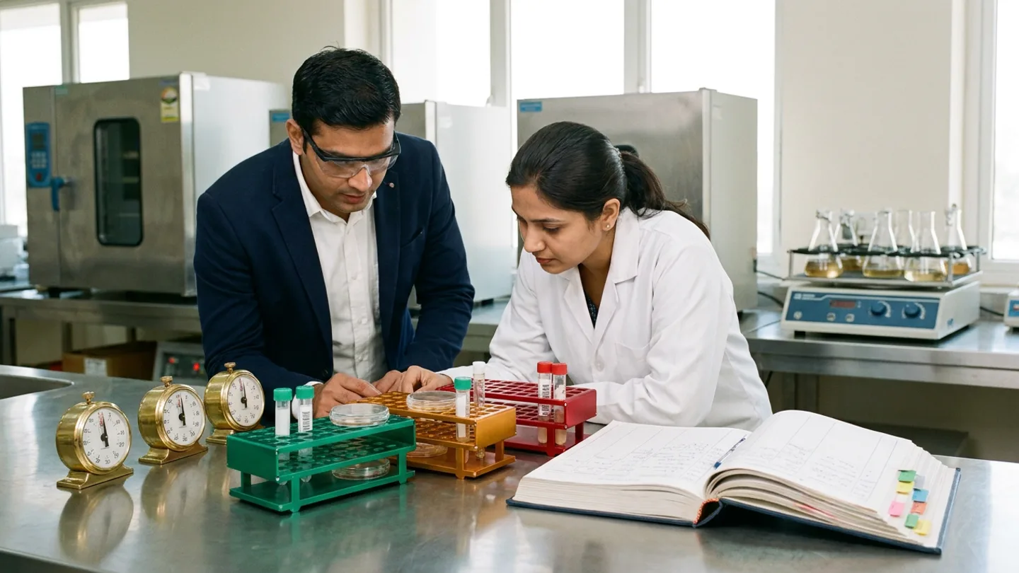 Indian laboratory manager in a dark navy blazer over a white shirt and safety glasses and a microbiologist in a white lab coat standing at a brushed stainless-steel counter with three colour-coded anodized aluminium test-tube racks in emerald green, amber gold, and crimson red holding glass culture tubes and sealed petri dishes alongside three brass mechanical interval timers and an open hardbound sample turnaround logbook with coloured index tabs, with stainless microbiological incubators and an orbital shaker in the background
