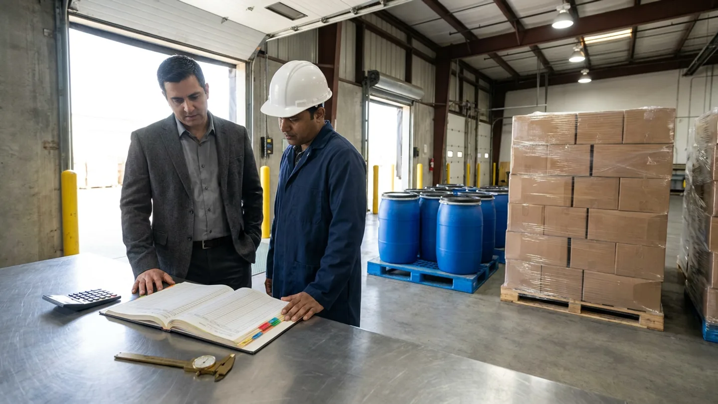 Cost accountant in a charcoal blazer and logistics receiving supervisor in a navy coat and white hardhat at a stainless dock desk reviewing an open landed-cost register beside a calculator and brass caliper in front of blue liquid drums and tall shrink-wrapped carton pallets