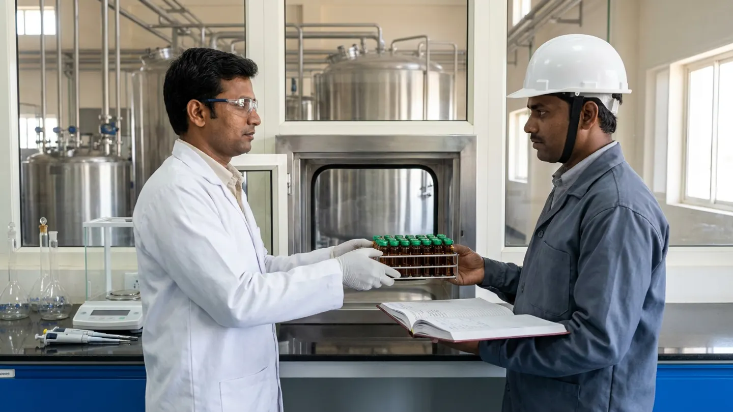 An Indian analytical chemist in a white lab coat, safety glasses, and white gloves handing a stainless-steel wire rack of amber glass batch-release vials with green caps through a stainless pass-through window to a production supervisor in a slate-grey work jacket and white hardhat holding an open disposition register, with volumetric flasks, pipettes, an analytical balance under a glass draft shield, and stainless blending tanks visible through the window.